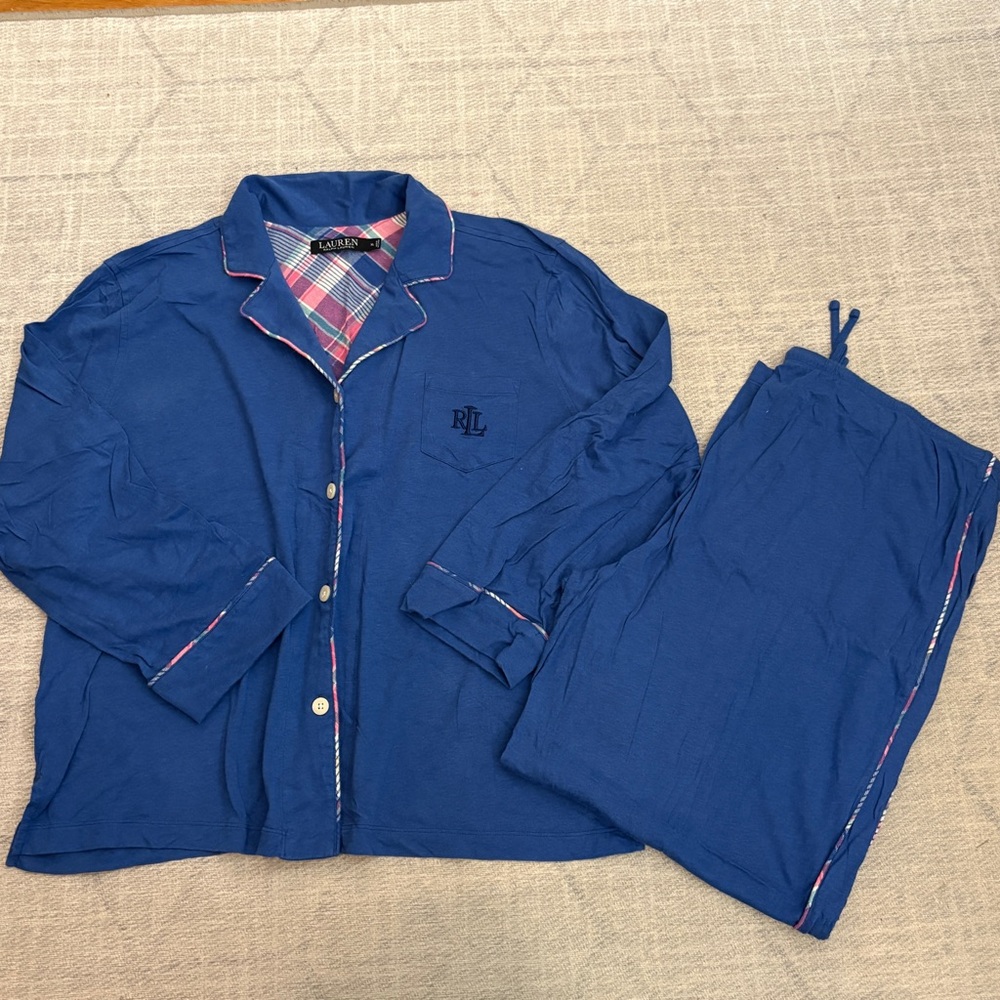 Ralph Lauren Women's Plaid Trim Blue Cotton Jersey Pajama Set